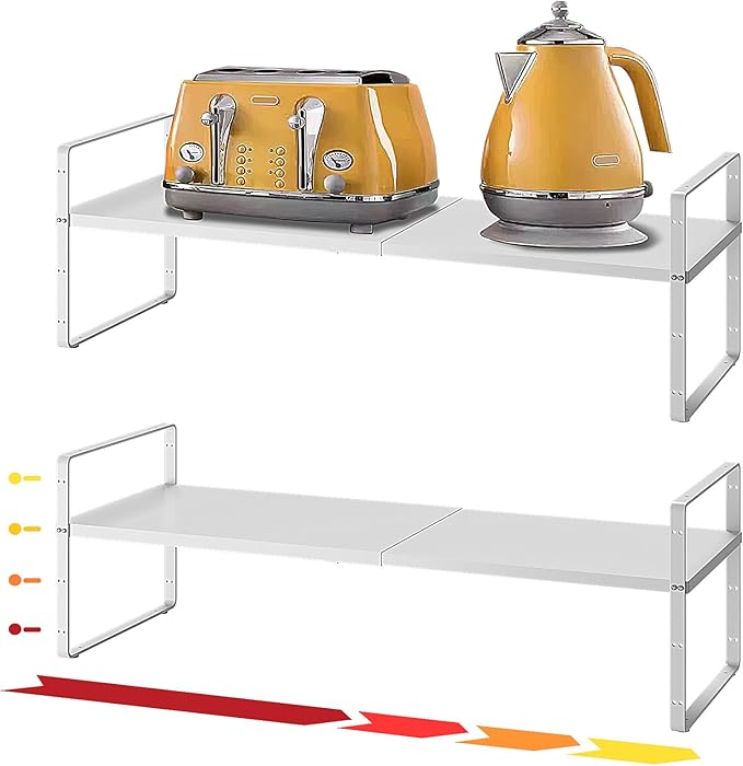 taiheis 16.5~27.1" Expandable Shelf Organizer, 2Pack 8.1" Wide Stackable Cabinet Shelf Organizers, White Metal Sturdy Kitchen Counter Storage for Countertop, Adjustable Height Spice Rack