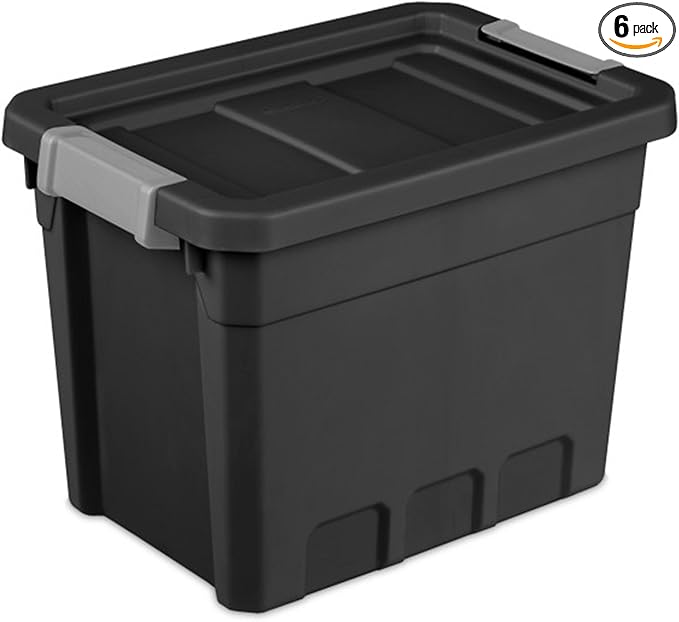 Sterilite 6-Pack 7.5 Gallon Stacker Tote, Rugged Plastic Storage for Home Organization, Black - Stackable Organizer Bins with Recessed Lid & Heavy-Duty Latches for Closet, Basement, Garage and Attic
