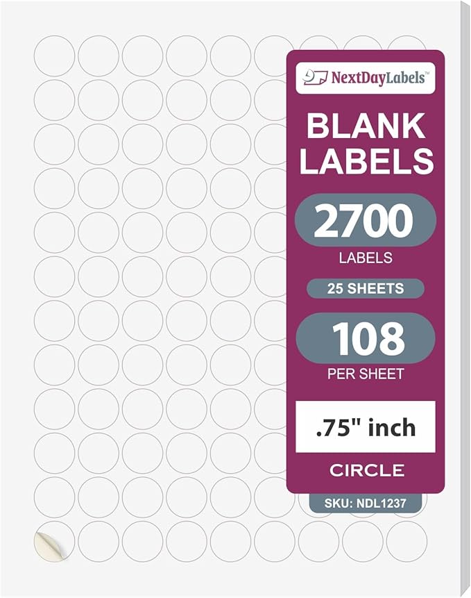 NextDayLabels 0.75 Inch Round Circle Stickers White for Bleeds Laser Inkjet - 108 Per Sheet Self-Adhesive Color Coding Inventory Labels Made in USA - 2700 Labels