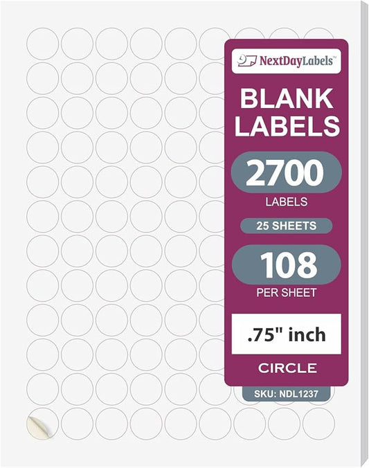 NextDayLabels 0.75 Inch Round Circle Stickers White for Bleeds Laser Inkjet - 108 Per Sheet Self-Adhesive Color Coding Inventory Labels Made in USA - 2700 Labels