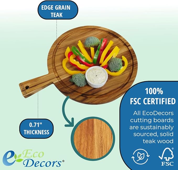 EcoDecors 16" Round Teak Cutting Board with Handle, FSC Certified Solid Wood, Edge Grain with Juice Groove, Carving Board for Meat & Kitchen Use