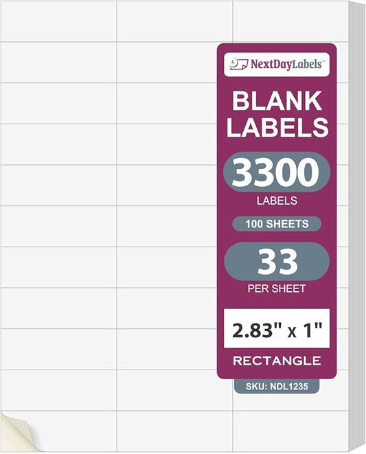 NextDayLabels 2.83x1 Inch Rectangle Stickers White Blank Labels for Laser Inkjet Printer - 33 Per Sheet Self-Adhesive Address Mailing Barcode Made in USA - 3300 Labels