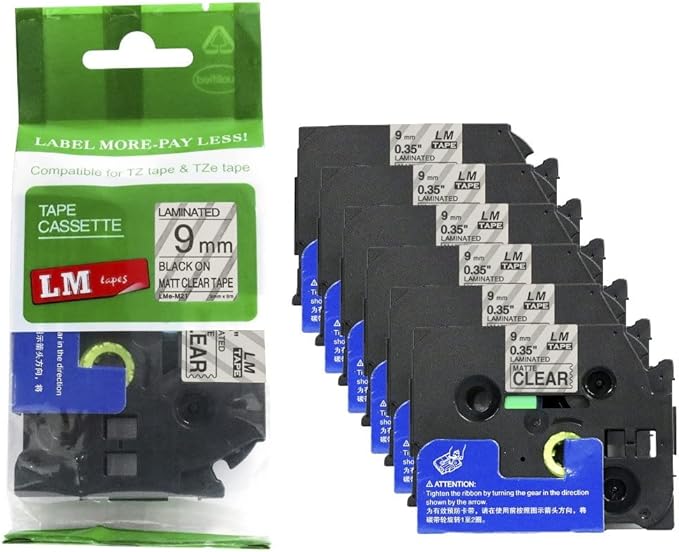 6/Pack LM Tapes - LMe-M21 Premium 3/8" Black Print on Matte Clear Label Compatible with Brother TZeM21 Tape and Includes Tape Color/Size Guide. Replaces TZ-M21 9mm 0.35 Laminated.