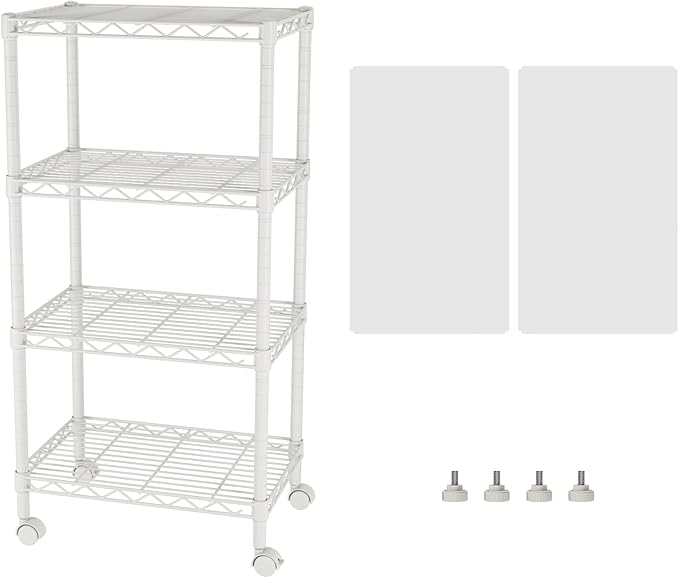 SINGAYE 4 Small Shelves Storage Shelf Wire Shelving Unit Metal Shelf Adjustable Organizers Storage Shelving with Wheels for Bathroom Laundry Room Kitchen Pantry11.5”D x 17.5”W x 30.5”H White