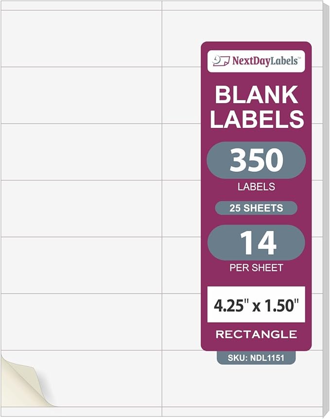NextDayLabels 4.25x1.5 Inch Rectangle Stickers White Blank Labels for Laser Inkjet Printer - 14 Per Sheet Self-Adhesive Unique Size Label Made in USA - 350 Labels