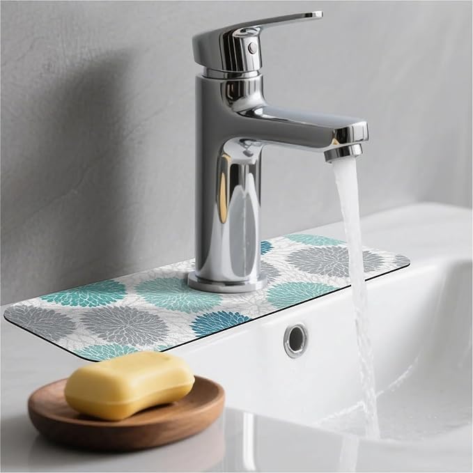 Kitchen Sink Splash Guard，Turquoise and gray flowers Faucet Mat Sink Gadgets-Super Absorbent Fast Drying Mat Drip Catcher for Kitchen, Bathroom,Sink Mat, Dish Drying Mat, Bathroom(15" X 5.5" )