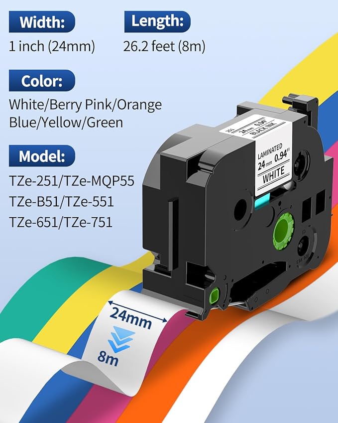 24mm Label Maker Tape Replacement for Brother P Touch TZe TZ Label Tape 1 Inch 0.94 Laminated, Compatible with PT-D600 D610BT P700 P710BT, White/Berry Pink/Orange/Blue/Yellow/Green, 26.2 feet, 6-Pack
