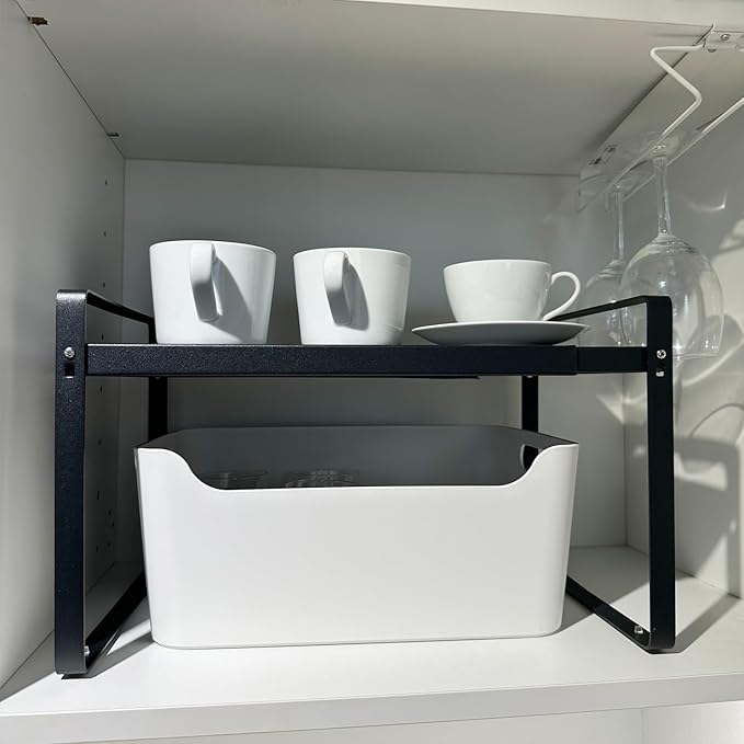 BAUCCA Set of 2 Expandable Cabinet Shelf Organizer, Black Kitchen Countertop Shelves, Stackable Metal Pantry Storage Organizer for Cupboard, Spice Rack