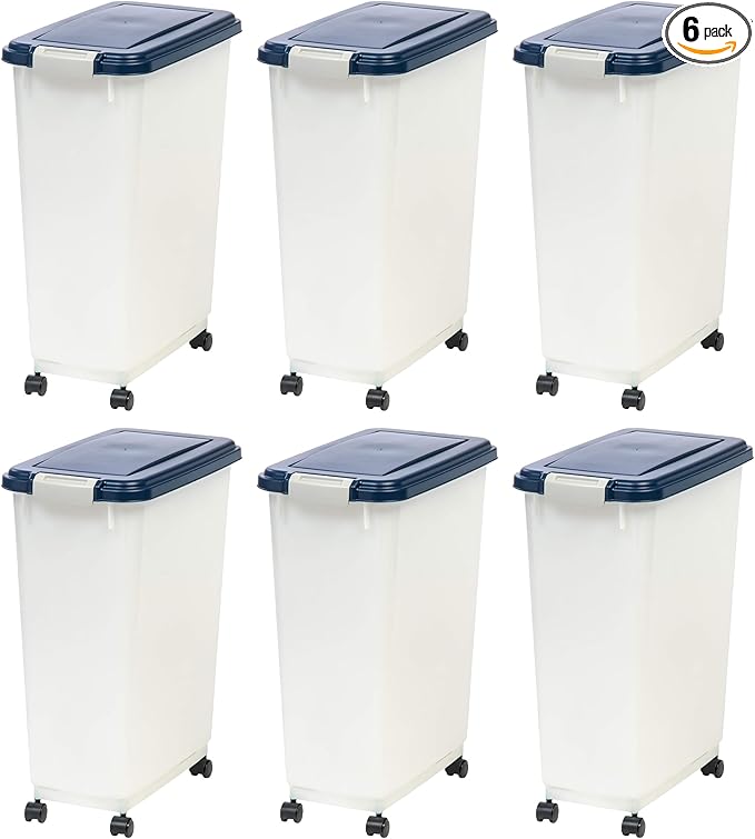 IRIS USA Airtight Dog Food Storage Container, Up to 38 lbs, Attachable Wheels, For Dog Cat Bird and Other Pet Food Storage Bin, Keep Fresh, Easy Mobility, BPA Free, Navy/Pearl, 6 Pack