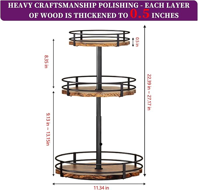 Heavy-Duty 3-Tier Lazy Susan Organizer, Adjustable to Different Heights, Countertop Spice Rack, Upgraded Thickened Wooden Board, Suitable for Seasoning Organizer, Kitchen Organization