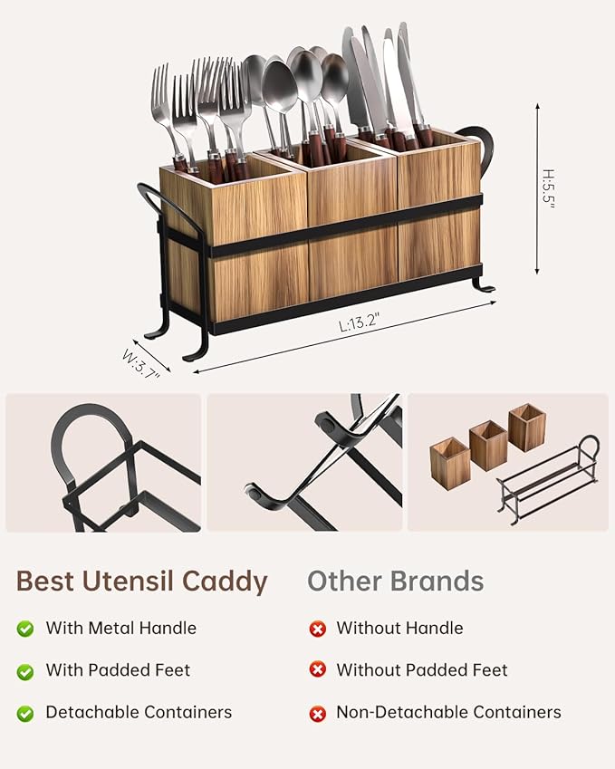 GaryVault Utensil Holder for Party - Silverware Caddy with Three Compartments, Detachable, Portable Handle, Stylish Cutlery Holder for Countertop and Outdoor Use