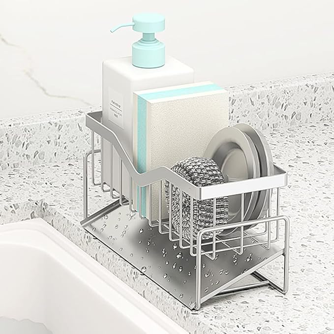 Kitchen Sink Caddy Sponge Holder , 304 Stainless Steel Kitchen Soap Dispenser Caddy Organizer - Quick Draining, Stainless Steel Tray - Holds Sponge, Dish Soap Dispenser, Cleaning Towel, Scrubber