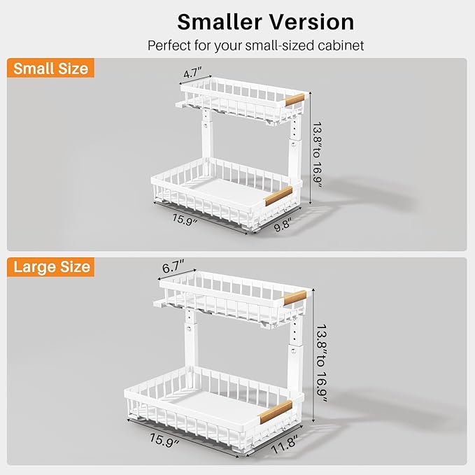PXRACK(Small Version)1 Pack Under Sink Organizer,Adjustable Height,2 Tier Pull Out Under Cabinet Organizer,Slide Out Thickened Metal Storage Shelf for Kitchen Bathroom Laundry Pantry Cabinet,White