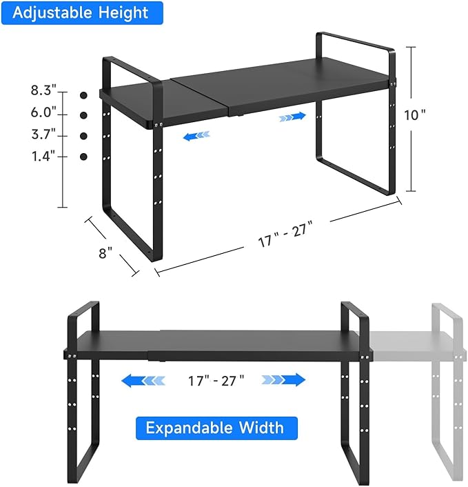 KIKIBRO Expandable Cabinet Shelf Organizer, Stackable Kitchen Pantry Counter Storage, Adjustable Closet Cupboard Stand Rack Risers Spice Organization 80LBS Heavy Duty Black 2 Pack