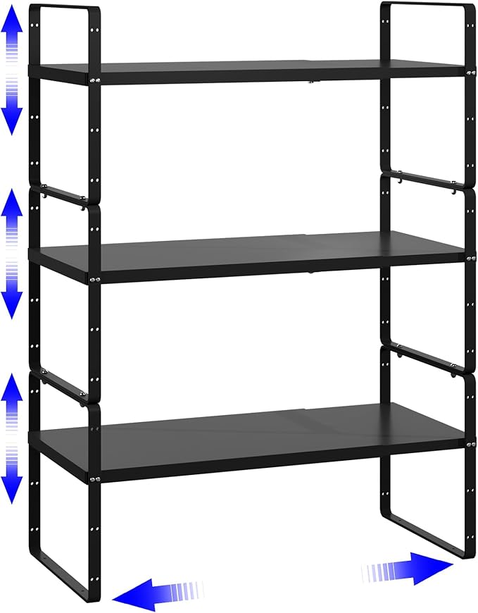 KIKIBRO Expandable Cabinet Shelf Organizer, Stackable Kitchen Pantry Counter Storage, Adjustable Cupboard Stand Rack Risers Spice Organization Heavy Duty Black Small 3 Pack