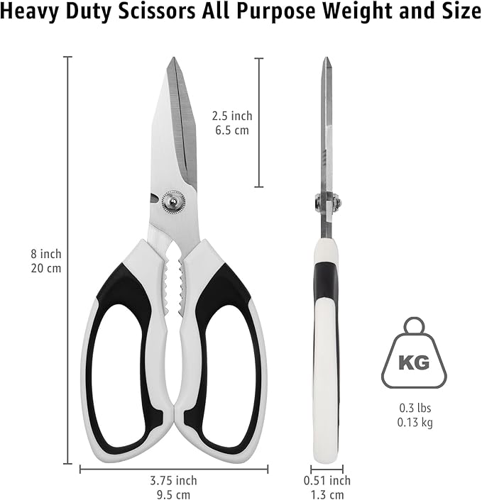 BoFuYuan 8-Inch Utility Scissors All Purpose Heavy Duty, Serrated Blade, White Comfort Grip for Cutting Carpet, Cardboard, Leather, Fabric, Multipurpose Sharp Shears for Kitchen, Garden, Office, Carft