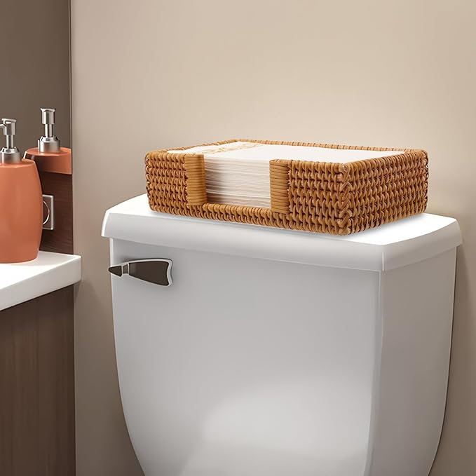 Shonmogar Guest Towel Holder, Rattan Napkin Holder, Wicker Bathroom Napkin Holder Tray, Flat Guest Towel Holder Tray for Toilet Table Restaurant, Honey Brown