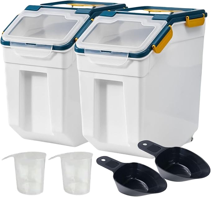 Flour Containers, Set of 2 50 lbs Large Rice Storage Container with Measuring Cup & Scoop, BPA Free Rice Dispenser, Cereal & Dry Food Bin, Kitchen Organizer for Beans, Oatmeal and Grains - Dark Blue