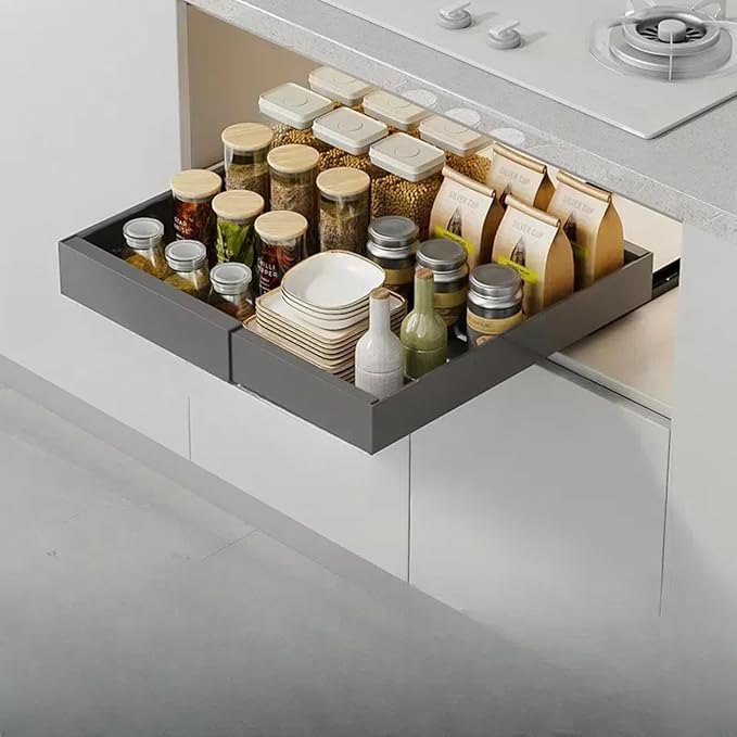 RAKSONIC Non-punch Retractable Cabinet Pull-Out Basket, Perfect for Housewives and Culinary Enthusiasts,Pull-Out Ahelf Kitchen Storage Device for Sinks and Drawers.(Grey-Small)