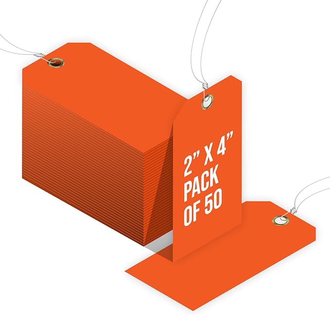 Tags 4 Less 15 Mil Blank Plastic Hang Tags with Attached Wires – 2" x 4" Heavy Duty Waterproof Hanging Labels for Outdoor Tagging, Equipment, Luggage, Valves & More (Orange, Pack of 50)