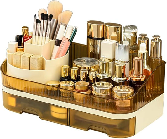Tidyladyo Makeup Organizer with Dual Drawers - Large Capacity Countertop Cosmetic Storage for Skincare Vanity Bathroom