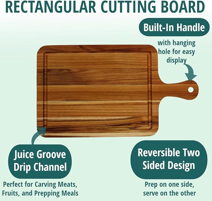 EcoDecors 17"x10" Teak Cutting Board with Handle & Juice Groove, FSC Certified Edge Grain Wood, Rectangle Prep & Serving Board for Kitchen