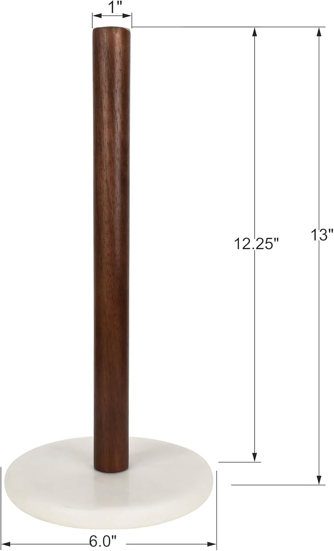 happimess PRH2000B Avery Modern Classic Wood with Non Slip Weighted Marble Base Paper Towel Holder, for Bathroom Kitchen Countertop, Standard or Jumbo-Sized Roll Paper, White/Natural