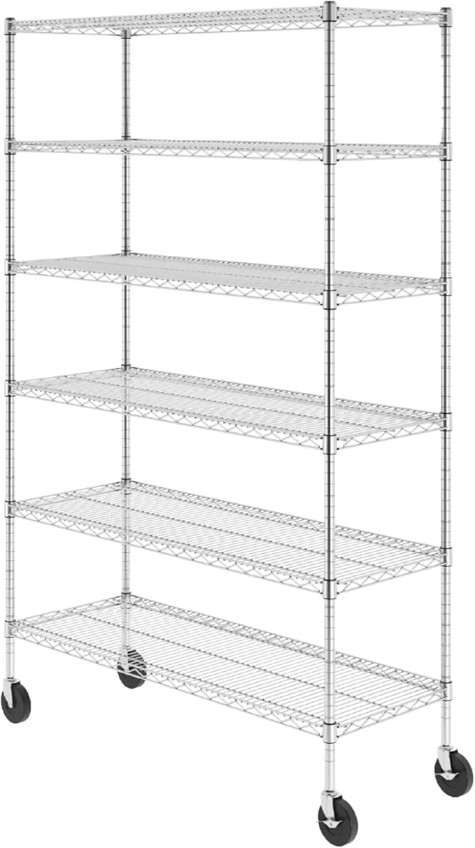 SafeRacks - NSF Certified Storage Shelves, Zinc, Heavy Duty Steel Wire Unit with Wheels and Adjustable Feet, Garage or Bakers Rack, Kitchen, Pantry Shelf - (18"x48"x72" 6-Tier) (Silver)