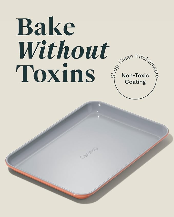 Caraway Nonstick Ceramic Small Baking Sheet Duo (9x13”) – Non-Toxic, PTFE & PFOA Free – Oven Safe – Aluminized Steel Core – Mini Sheet Pan for Baking, Roasting & More - Perracotta