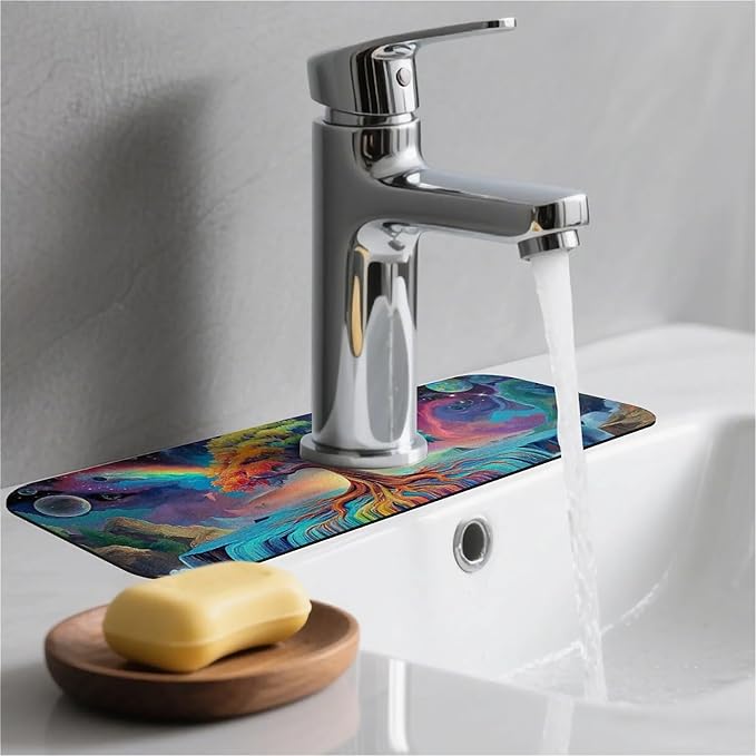 Kitchen Sink Splash Guard，Beautiful colorful trees Faucet Mat Sink Gadgets-Super Absorbent Fast Drying Mat Drip Catcher for Kitchen, Bathroom,Sink Mat, Dish Drying Mat, Bathroom(15" X 5.5" )