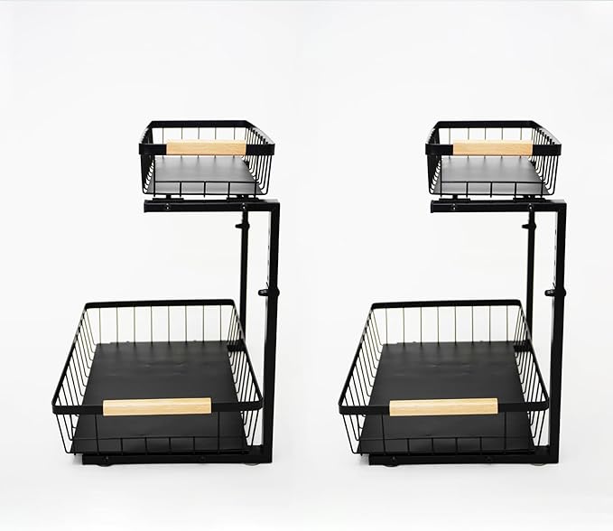 whalenoble Under Sink Organizer 2 Pack, 2 Tier Pull Out Cabinet Organizers and Storage for Kitchen Bathroom Pantry Laundry, Adjustable Height, Slide Out Thickened Metal Storage Shelf (Black, 2 Pack)