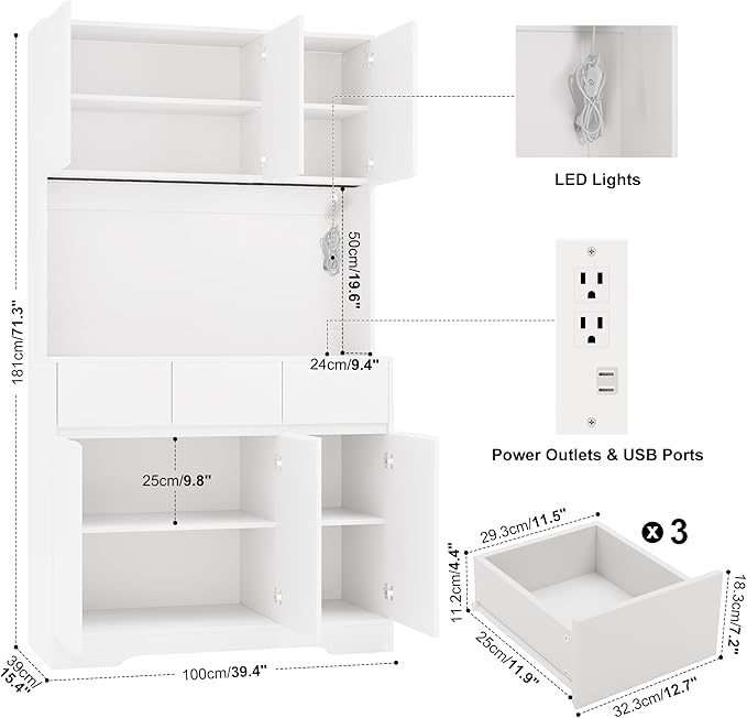71" Pantry Cabinet with Charging Station and LED Lights, Tall Kitchen Pantry Storage Cabinet with Microwave Stand, Modern Hutch with Storage Drawers for Dining Room, Living Room (Milk White)