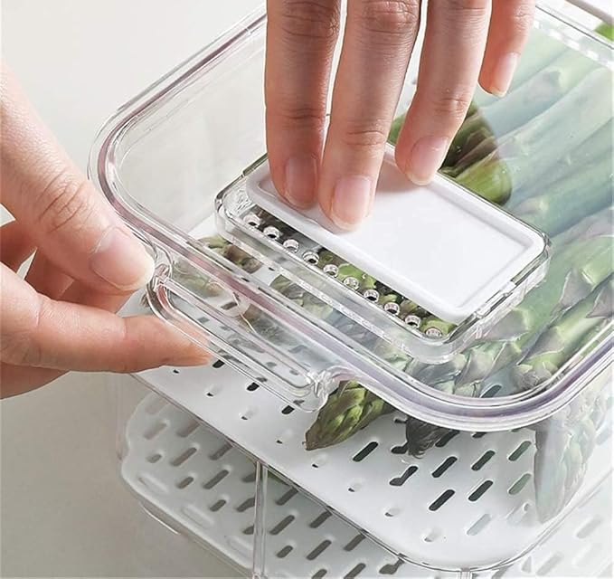 Fridge Storage Containers Bins Fresh Keeper Freezer Bins, Vegetable Fruit Storage Containers Fresh Container Produce Saver Organizer Keeper Bins with Lids Removable Drain Tray