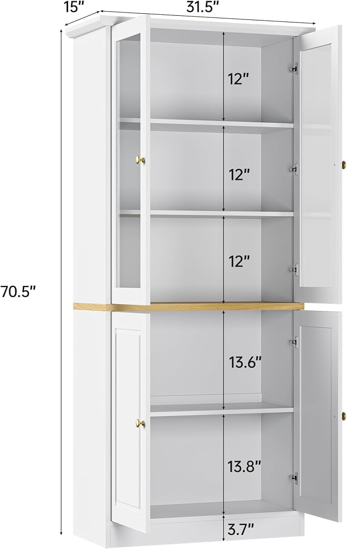 71" Kitchen Pantry Cabinet with Glass Doors, Modern Coffee Bar Storage Cabinet with Adjustable Shelves & Wooden Doors, Freestanding Cupboard for Dining Room or Living Room, White
