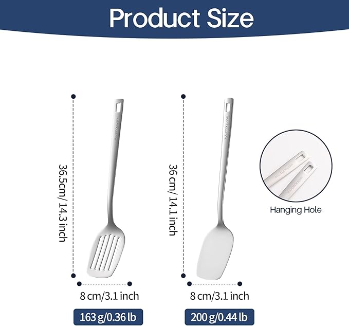 MAXCOOK Stainless Steel Spatulas Set, 2 Pcs Metal Spatula Wok Turner, Silver Slotted Turner, Solid Turner, Wok Spatula Kitchen Cooking Tools for Sauteing, Flipping, Grilling (Dishwasher Safe)