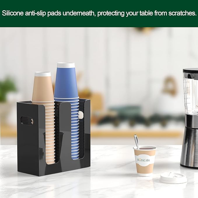 Disposable Coffee Cup Dispenser with Handles, Countertop or Wall Mount Hot/Cold Drink Cup and Lid Holder - Bathroom/Kitchen/Office Acrylic Cup Lid Storage Organizer (2 Compartments, Black)