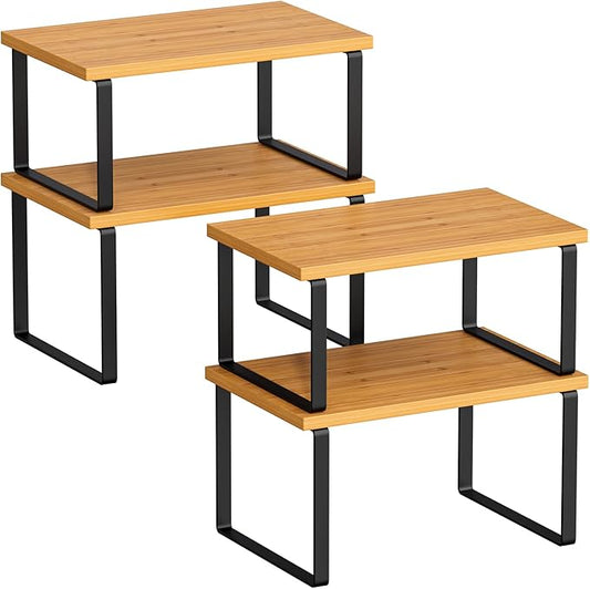 HYASTO Cabinet Organizer Shelf - 4 Pack Wood Kitchen Organizer, Upgraded Cabinet Organizer Shelf for Kitchen Storage, Countertop, Spice Rack, Stackable, Expandable, Ink Black and Natural Beig