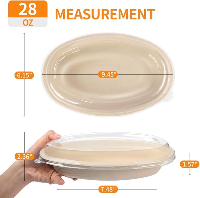 Celel 50 Pack 28 Oval Paper Bowls with Lids, Microwavable Oval Disposable Containers for Burrito, Salads, Pasta, Com-postable Meal Prep Food Containers - 50 Bowls 50 Lids