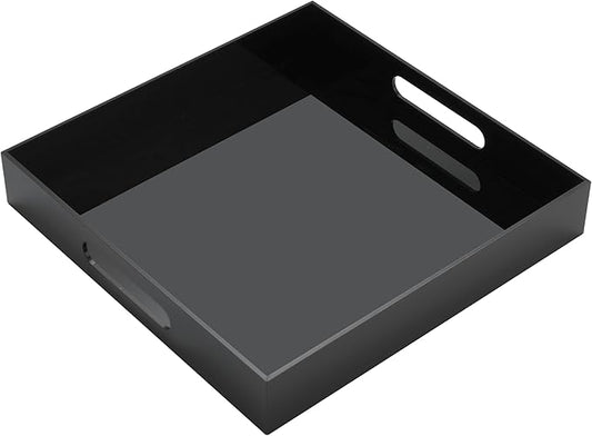 KEVJES Glossy Black Acrylic Serving Tray with Handles-Butler Trays for Coffee Table, Snacks,Breakfast in Bed, Kitchen Countertop,Vanity,Makeup Organizer,Ottoman (Black, 12x12 Inches)