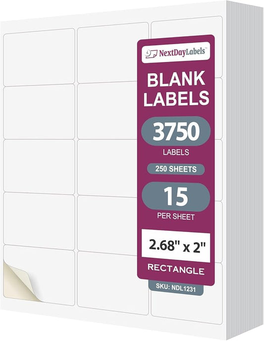 NextDayLabels 2.69x2 Inch Rectangle Stickers White Blank Labels for Laser Inkjet Printer - 15 Per Sheet Self-Adhesive Shipping Name Tags Product Made in USA - 3750 Labels