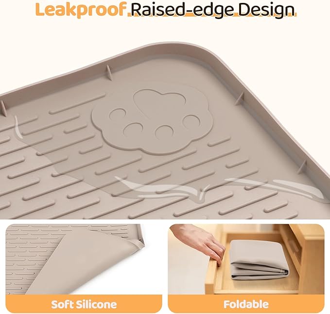 Dog Food Mat, Extra Large 57" x 40" Silicone Pet Feeding Mat with Raised Edge Pet Placemat for Small, Medium, and Large Pets Non-Slip, Easy to Clean (Khaki)
