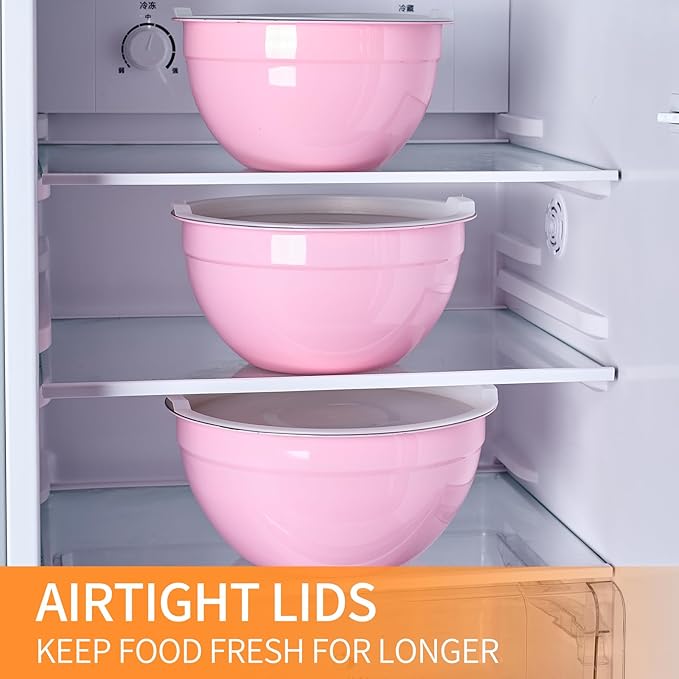 Moxinox Pink Mixing Bowls with Airtight Lids, Stainless Steel Nesting Mixing Bowls Set of 7, Ideal for Baking, Prepping and Serving Food, Size 7, 3.6, 2.7, 2.1, 1.5, 1.1,0.8 QT, Stackable Design