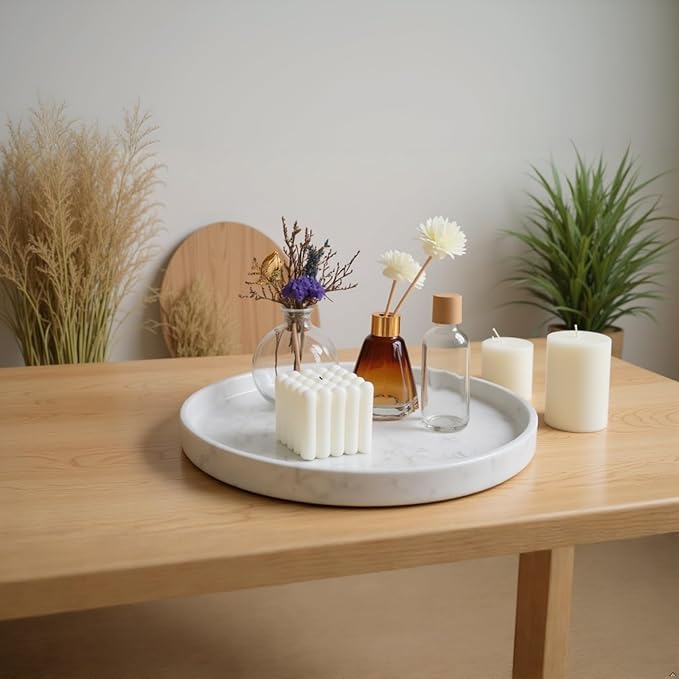Apasqro Carrara White Marble Tray Round 10 Inch, Natural Stone Perfume & Dessert Tray, Elegant Serving & Display Plate for Home, Vanity, 2 cm Deep, Non-Slip Base