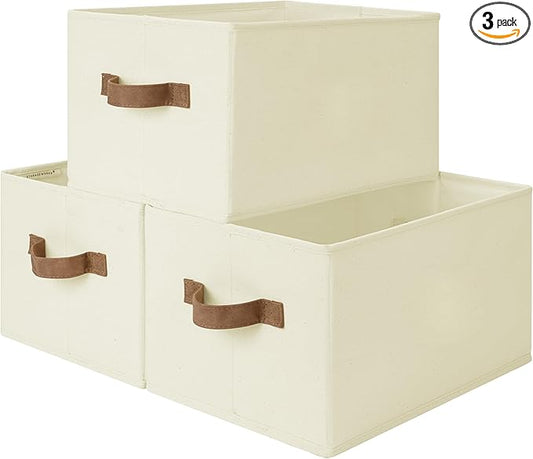 StorageWorks Storage Baskets for Shelves, Foldable Fabric Closet Storage Bins with PU Handles, Fabric Storage Bins Clothes Organizer, Ivory White, 3-Pack, Large