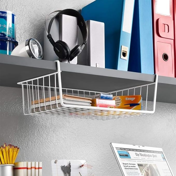 Modern Home Under Shelf Wire Storage Baskets – Hanging Organizer Rack for Cabinet, Pantry, or Closet – White Metal Basket for Kitchen, Towels, or Office – No Tools Required (Set of 4 19")