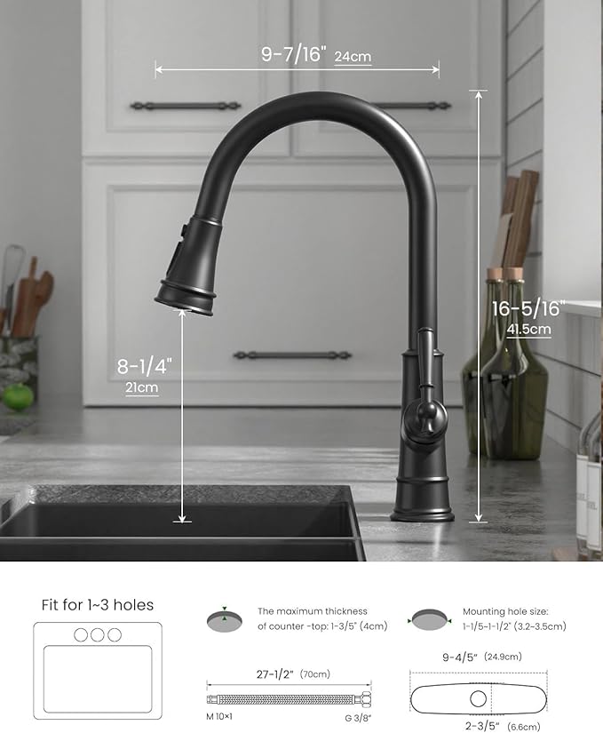 APPASO Black Kitchen Faucet with Pull Down Sprayer, Patented Design Single Handle High Arc Single Hole Pull Out Kitchen Sink Faucets, cUPC-Certified Pull-Out Hose, Water Supply Tubing & Valve Core