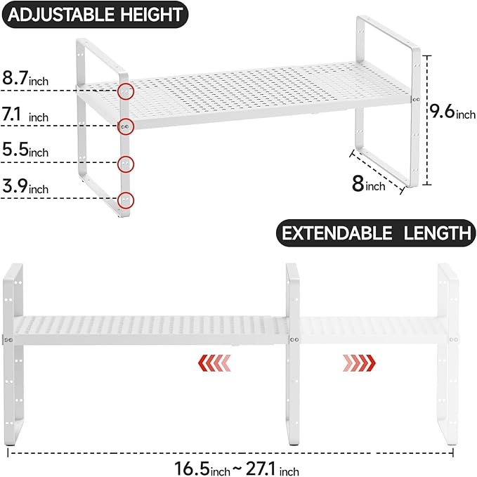 jkxoo Expandable Cabinet Shelf Organizers, Stackable Metal Shelves Extender for Kitchen Countertop Storage, Adjustable Spices Shelves Rack Stand for Cupboard Pantry, White