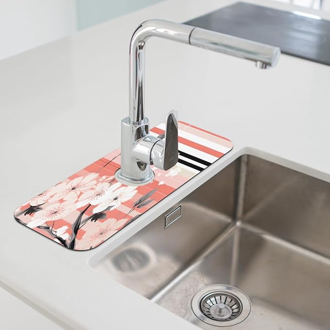 Petals Stripe Kitchen Faucet Mat Splash Guard, 15.4”x5.7” Absorbent Quick Drying Sink Mat for Countertop Protection, Draining Mat Sink Protectors For Kitchen Bathroom, 2 Pack
