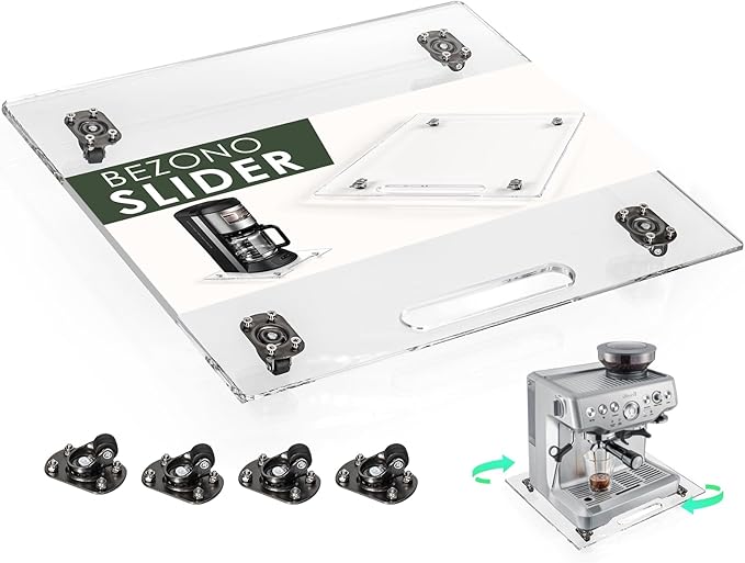 BEZONO 360° Sliding Tray for Coffee Maker & Kitchen Appliances - Silent Rubber Wheels, Clear Acrylic Organizer Tray for Under Cabinet - Space Saving Countertop Accessory, 13x14 Inch (Clear)