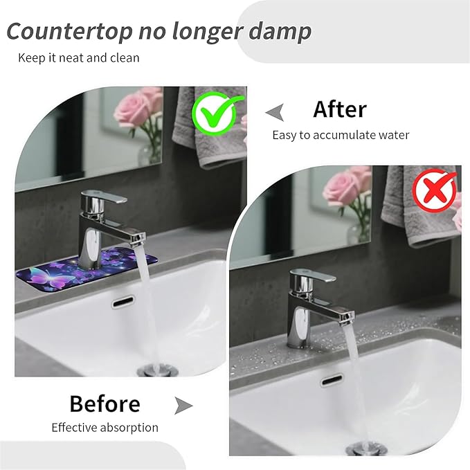 Kitchen Sink Splash Guard，Neon Butterfly Faucet Mat Sink Gadgets-Super Absorbent Fast Drying Mat Drip Catcher for Kitchen, Bathroom,Sink Mat, Dish Drying Mat, Bathroom(15" X 5.5" )